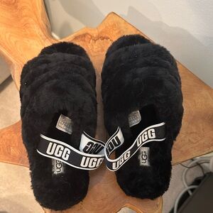 UGG Black Fluffy Slide with Branded Strap